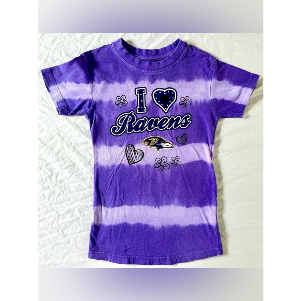 NFL Baltimore Ravens Girls T-Shirt Size 10/12 Purple Tie Dye I Love Ravens